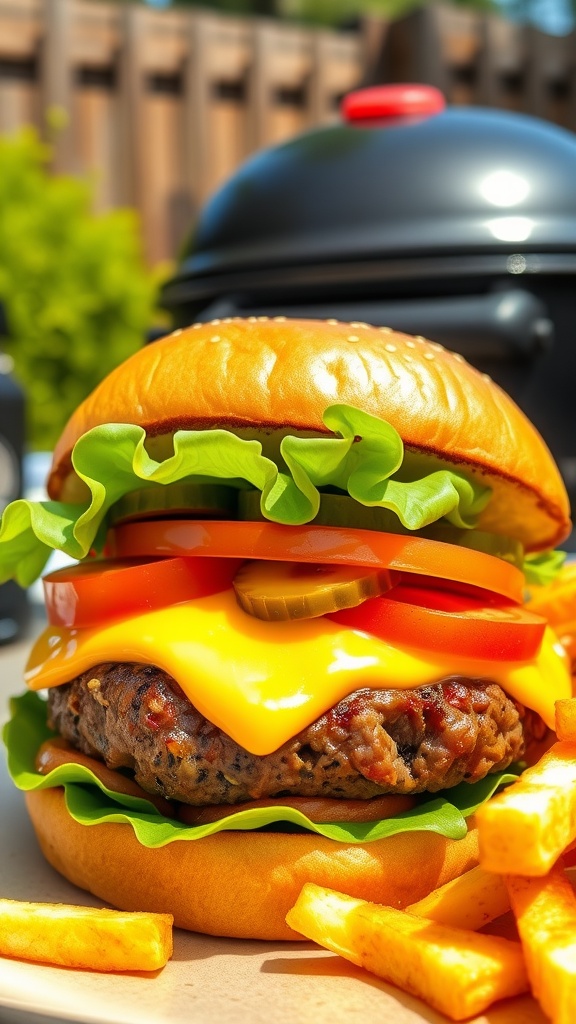 A close-up of a juicy cheeseburger with toppings and fries on a sunny patio.